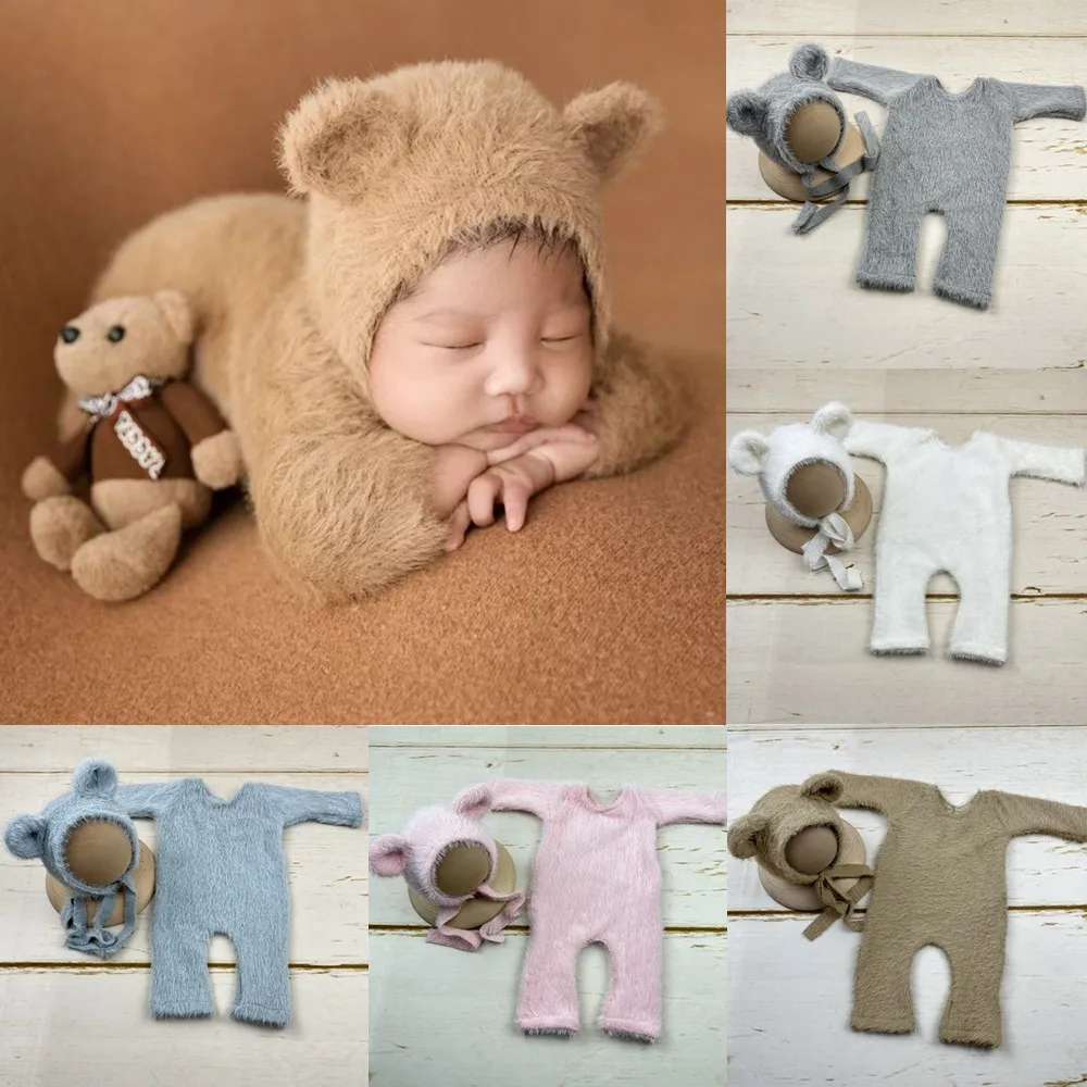 

❤️ Одежда для фотосъемки новорожденных, вязаная шапка + комбинезон, 2 шт./компл., студийный реквизит для детской фотосессии, аксессуары для съемки младенцев, одежда с плюшевым мишкой