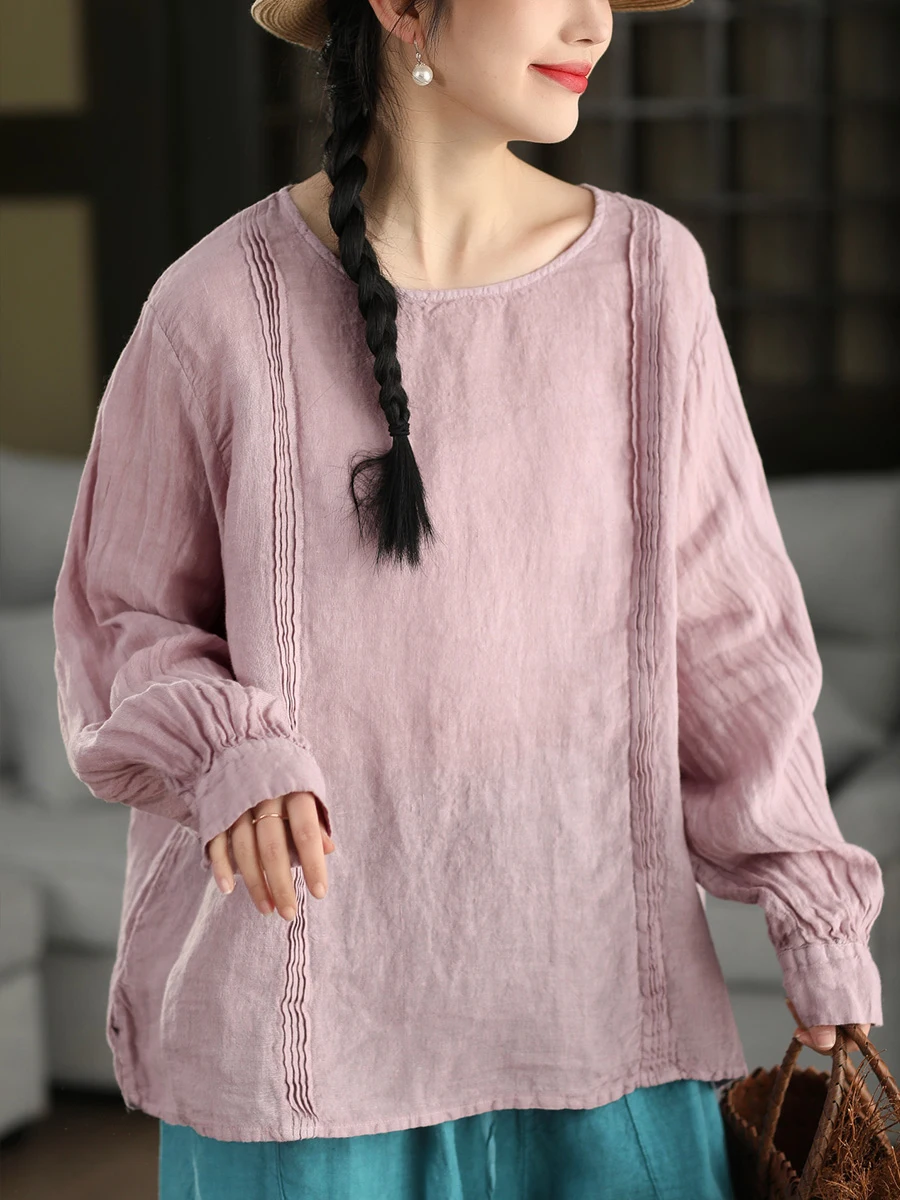 

Plant-Dyed Linen Tuck Shirt Lantern Sleeve Overhead Shirt Elegantly Casual Loose Fit Long Sleeve round Neck High-End Series