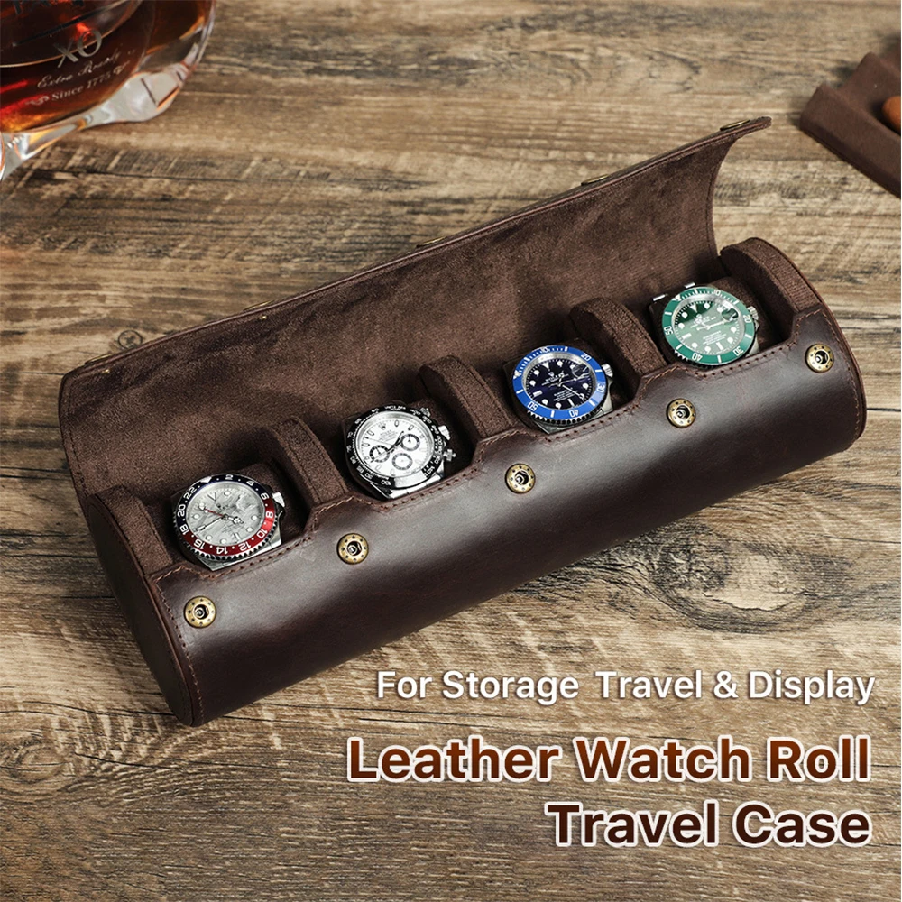 4-Slot Watch Roll Travel Case Portable Vintage Leather Watch Display Case Watch Storage Box Watch Organizers of Men Gift