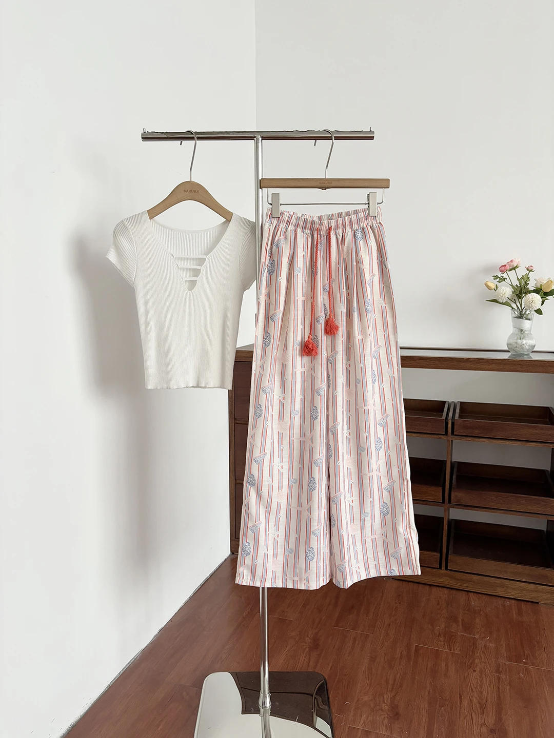 

Dopamine Pink Striped Wide Leg Pants Women Summer Sweet Girl High Waist Loose Drapey Vacation Style Casual Long Trousers