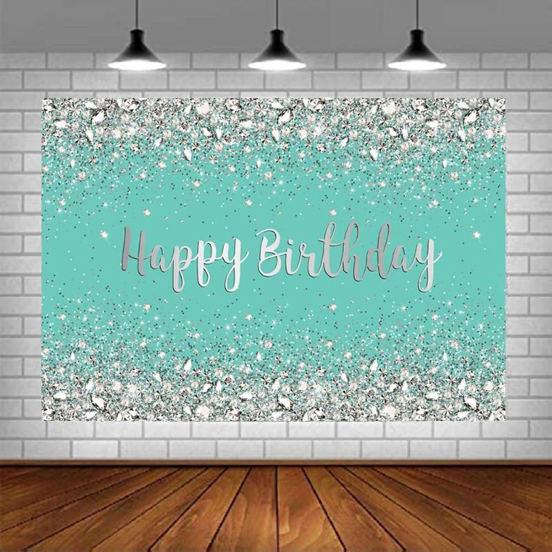 Birthday Photography Backdrop  Banner Breakfast Blue and Sliver Sweet Shiny Diamonds Background Girls Women Party Decorations