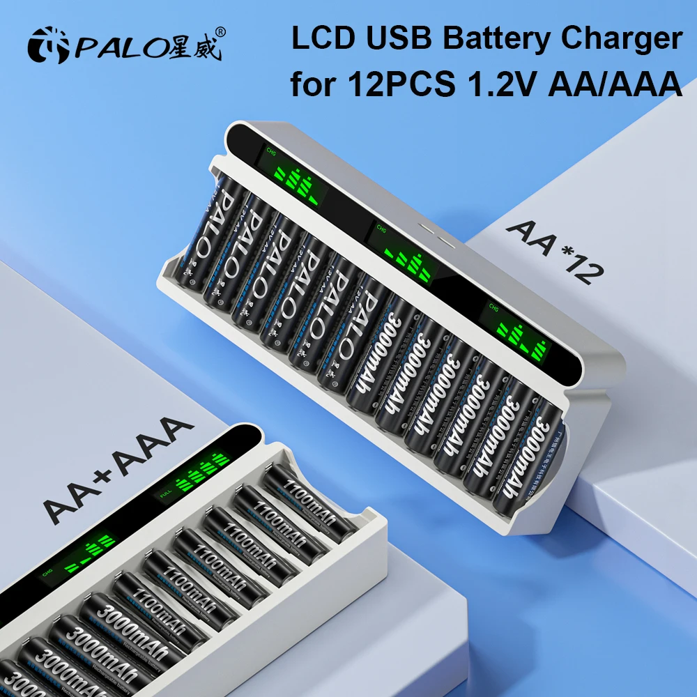 PALO 1.2V NI-MH AA rechargeable battery + 1.2V AAA rechargeable Batteries+ 12 Slots LCD Smart battery charger for 1.2V AA AAA