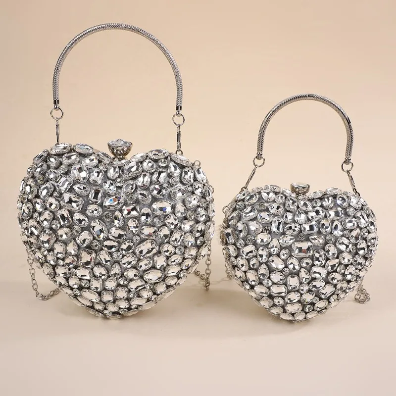 Luxury Mini Diamond Inlay Heart Shape Crystal Clutch Purse Stones Evening Wedding Party Shoulder Bag Handle Rhinestone Handbags