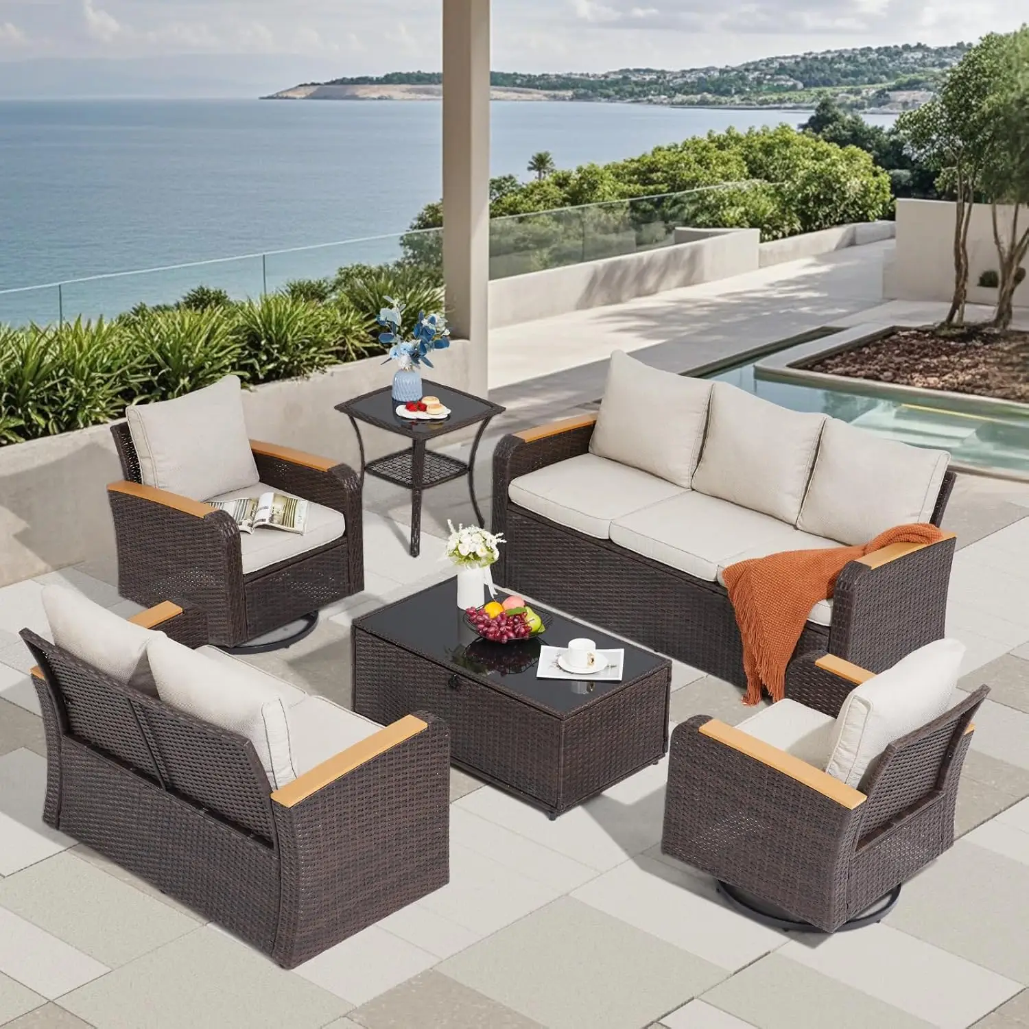 

6 Piece Patio Furniture Set Swivel Chairs Wicker Outdoor Bistro Lawn Garden Backyard Poolside Brown Rattan/Khaki, Customized