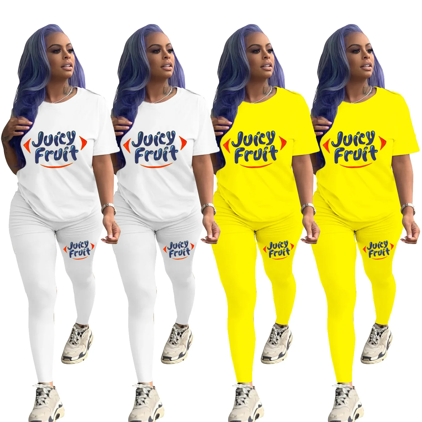 Women Juicy Fruit Letter Print 2 Piece Outfit Short Sleeve Crew Neck T‑Shirt  Skinny Pants Set Casual Tracksuit