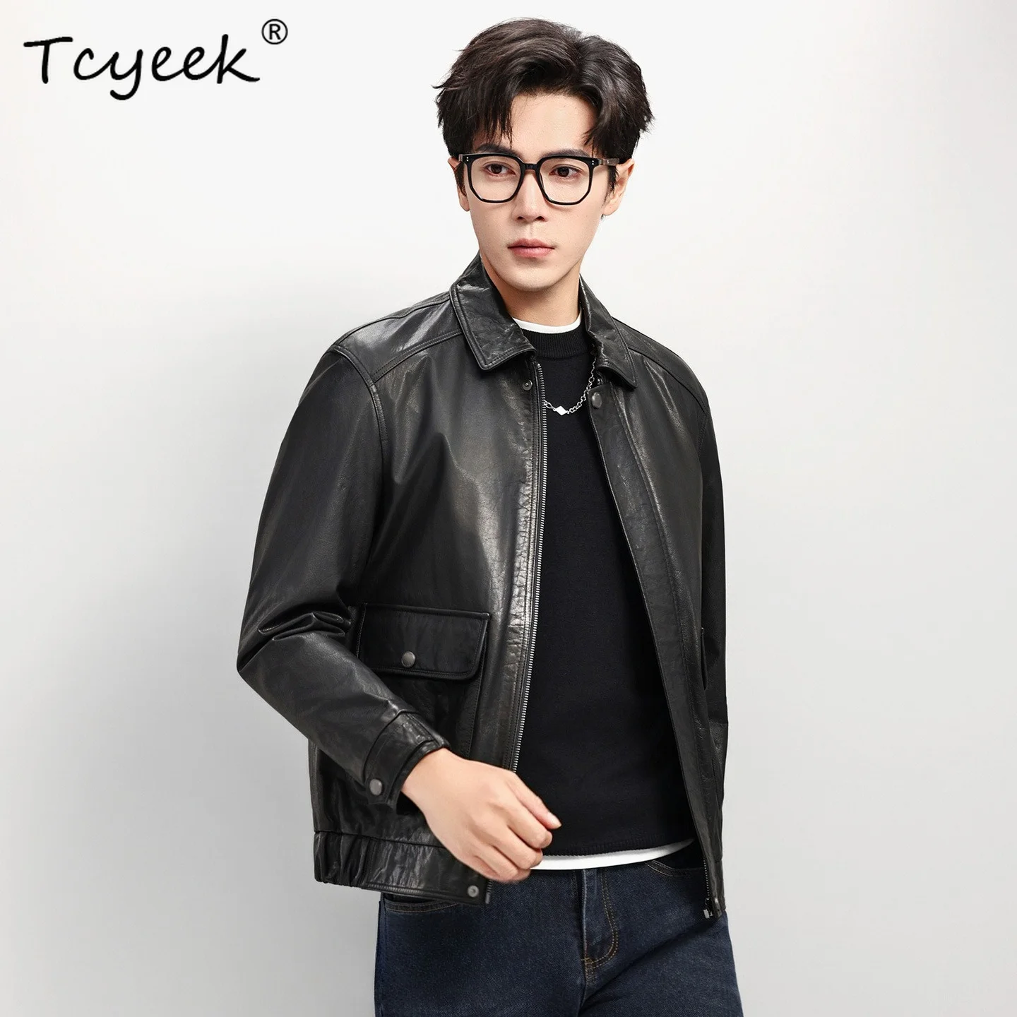 Tcyeek Top Layer Cowhide Jackets Men's Winter Coats High-end American-style Motorcycle Genuine Leather Jacket 2026 Jaqueta Couro