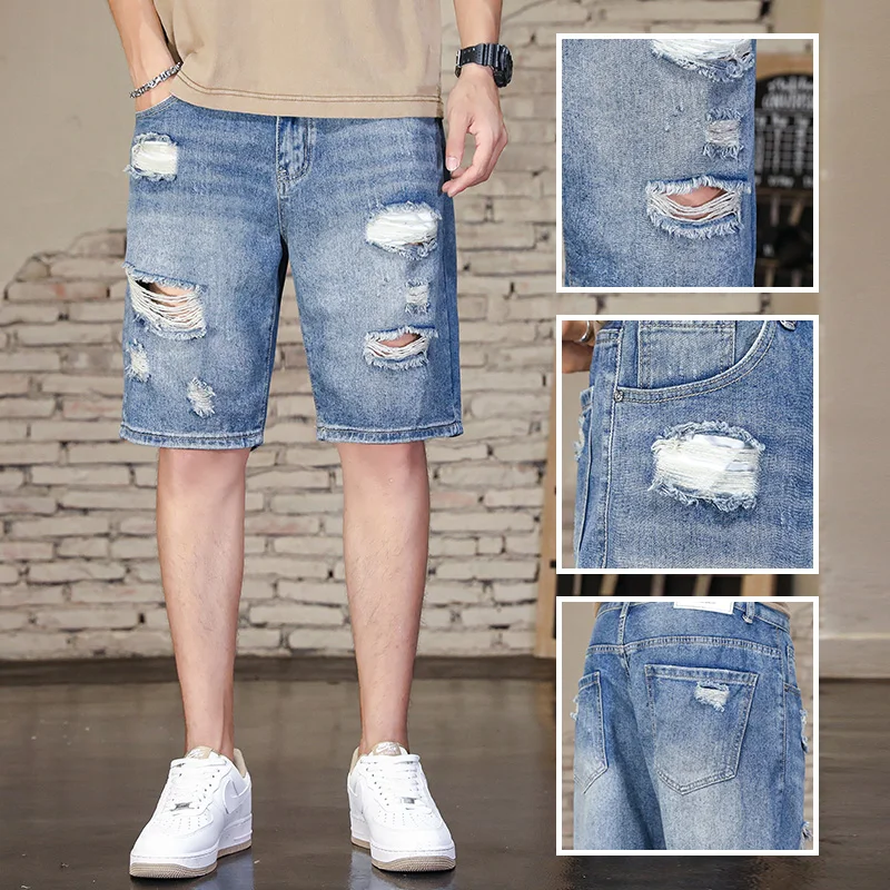 Ripped denim shorts for men in summer thin fit loose straight leg  men's casual five quarter mid length pants jeans for men