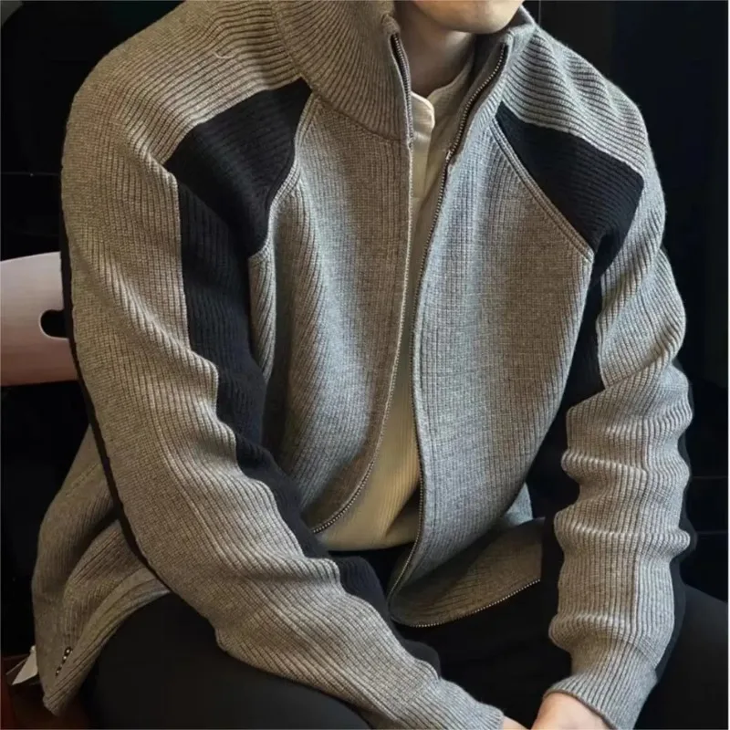 

Autumn Winter New Men's Casual Versatile Patchwork Contrasting Knitted Cardigan Trendy Tops