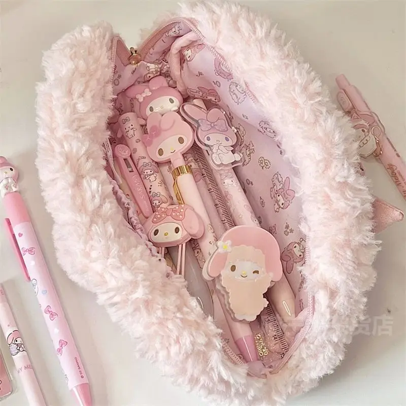 Kawaii Sanrio Piano Plush Pencil Bag Cartoon Bowknot Writing Case Pink Small Sheep Large Capacity Stationery Box Birthday Gifts