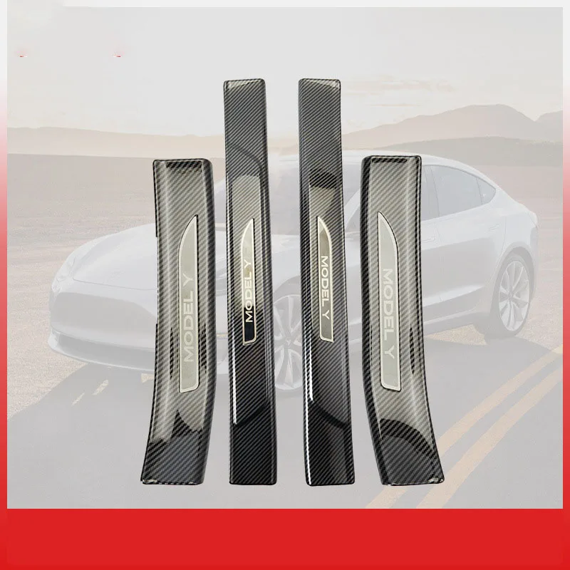 For Tesla Model Y Carbon Fiber Internal and External Threshold Strips Pedal Auto Interior Supplies Modification Perfect Fit ABS