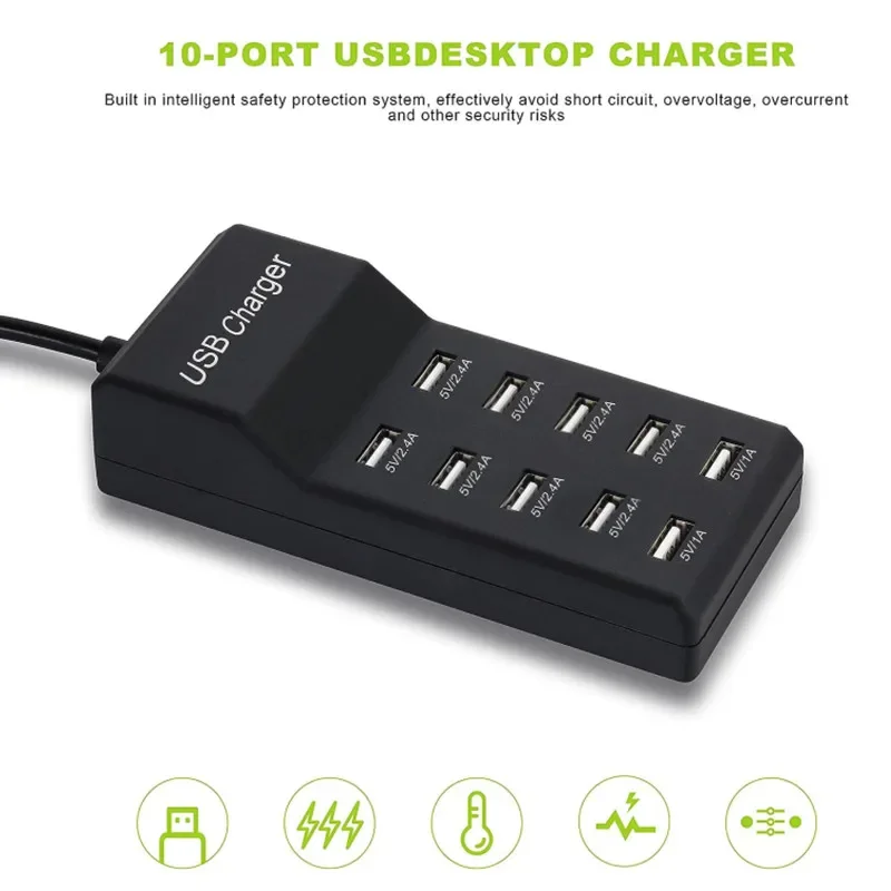 USB Charger 5V 10A 50W USB Charging Station with 10-Port Smart USB Ports for Cellphone Tablet Multiple Devices Extension Socket