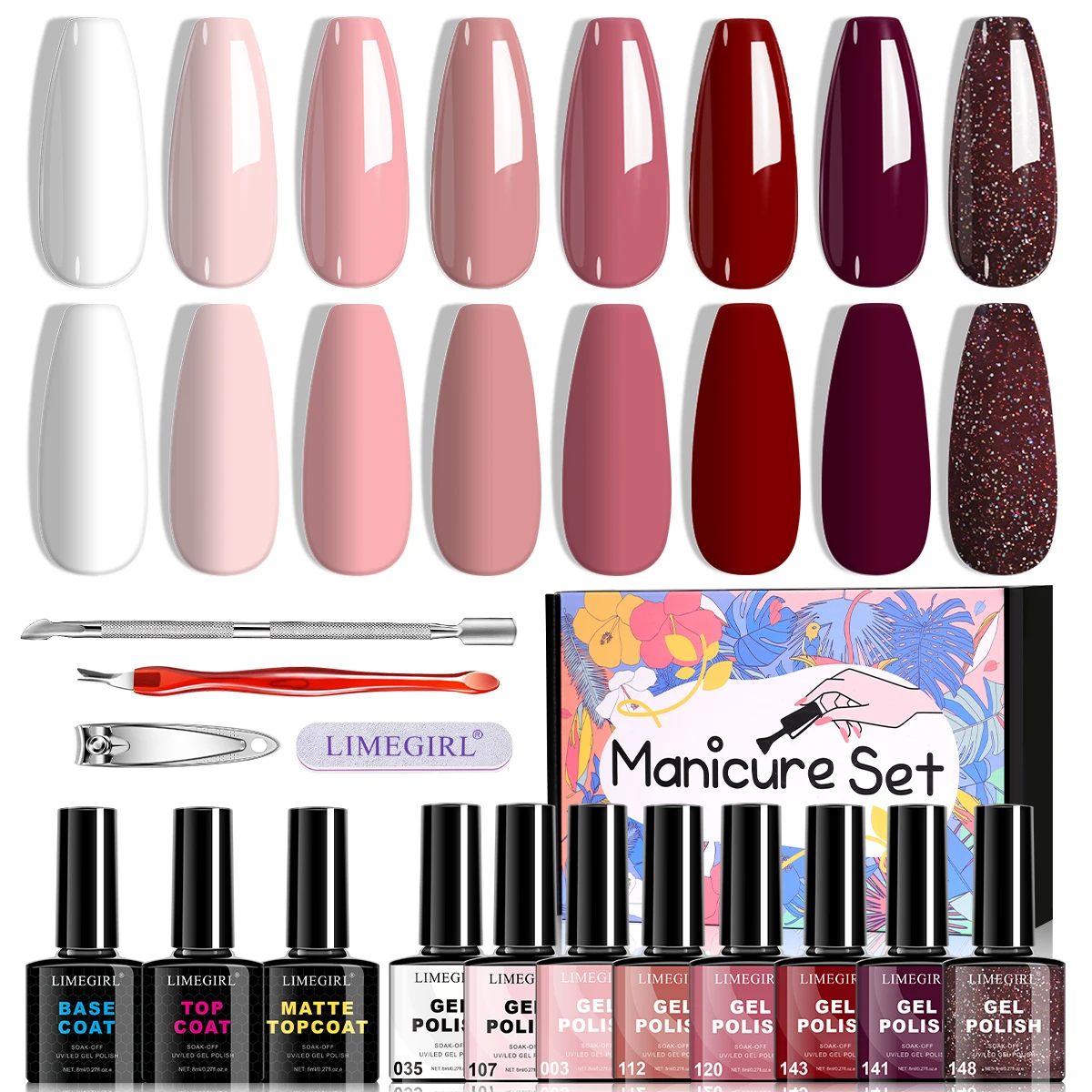 

LIMEGIRL Manicure Set, Long Lasting Soak Off UV/LED Gel Nail Polish with Top-Base-Matte & Tools Kit, Manicure Gift for Beginner
