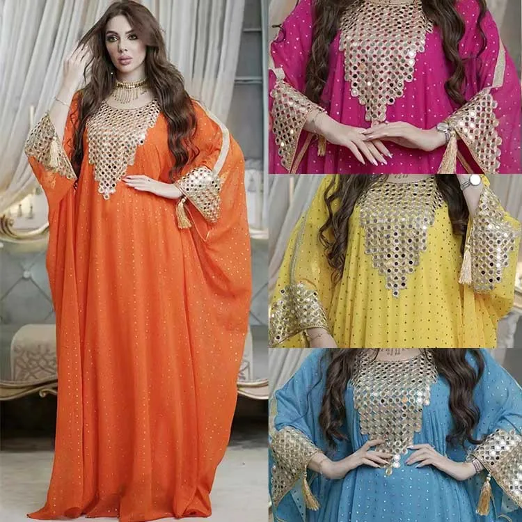 

Large Size Chiffon Droplet Plastic Long Dress Women's Clothing Stage Costume Ethnic Tunic Top Skirt with Belt Fall 2024