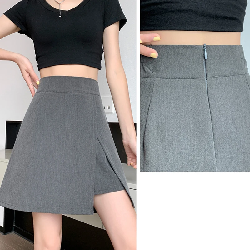 Fashion Irregular Side Split High Waist Skirt Women 2025 Black Gray Zipper A Line Skirts Woman Korean Chic Hip Wrap Short Skirts
