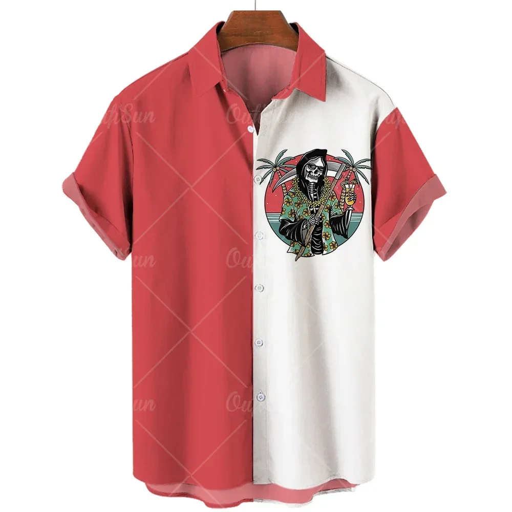 

2024 Skull Hawaiian Shirt Summer Men's Short Sleeve Harajuku Digital Print Oversized T-Shirt