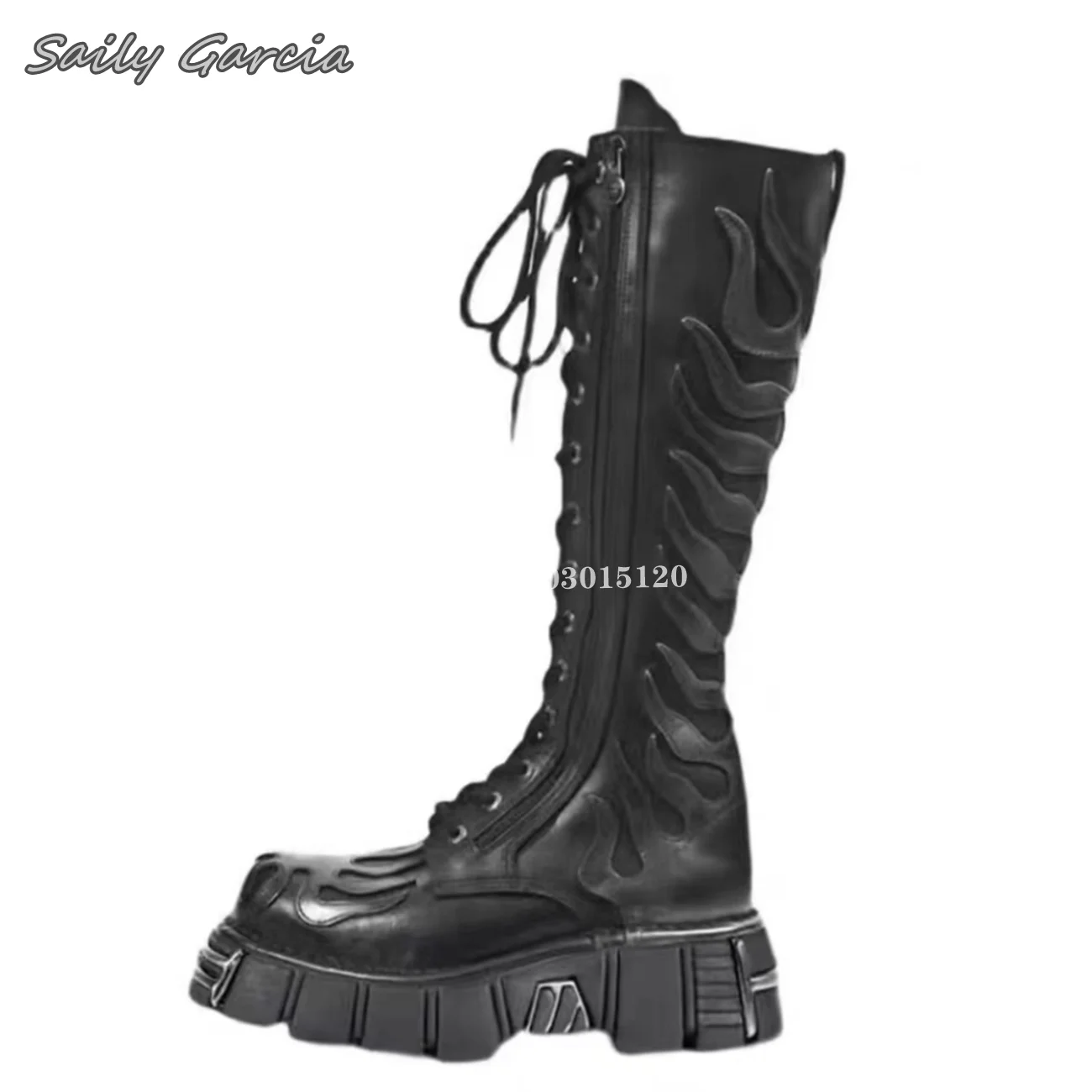 Black Rock Punk Style Knee High Front Zipper Motorcycle Boots 2024 New Fashion Cool Girl Boots Round Toe All-Match Metal Shoes