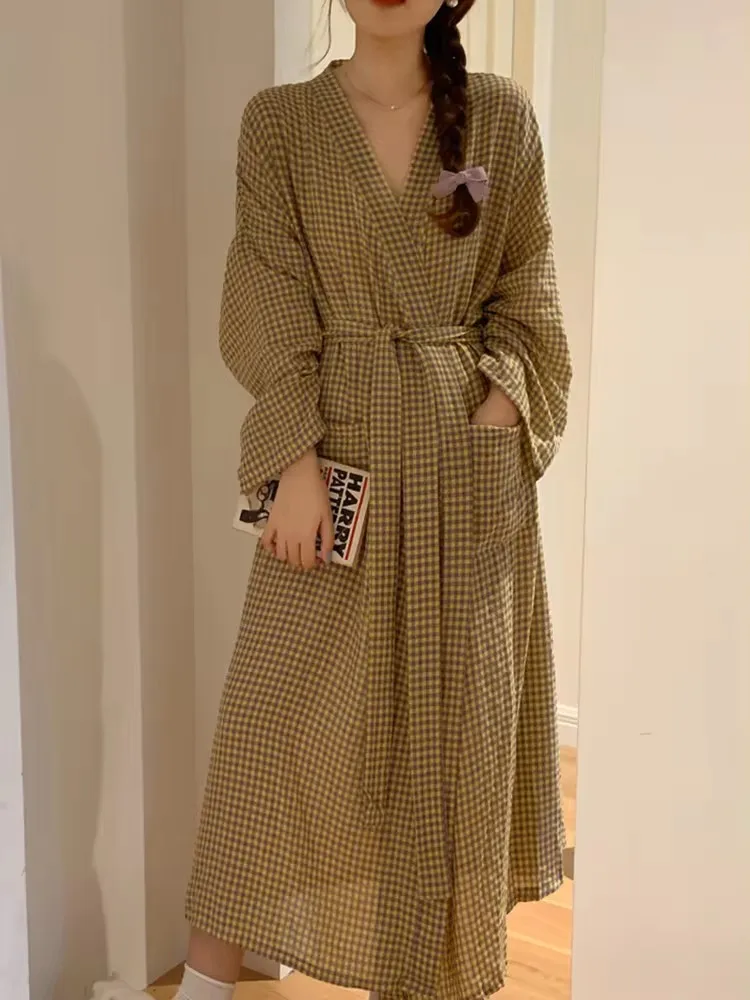 Home Soft Summer Stripe Long Sleeve Plaid Sleepwear Women Elegant Casual Long nightgown Korean Style Simple Sweet Sleep Tops Ins