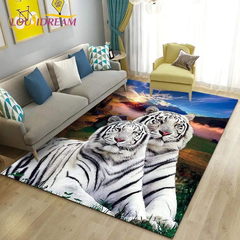 3D 화이트 타이거 사자 표범 늑대 지역 러그, 거실 침실 소파 현관 매트 장식 카펫, 어린이 놀이 미끄럼 방지 바닥 매트