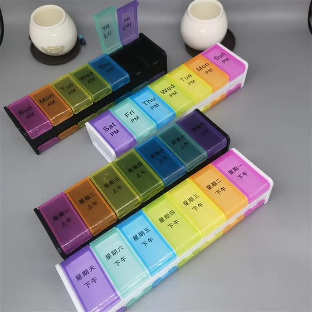 Pill Box with Lid Transparent Dust-proof 7 Day Pill Case 14 Grids AM/PM Vitamin Tablet Organizer Box Household Supplies