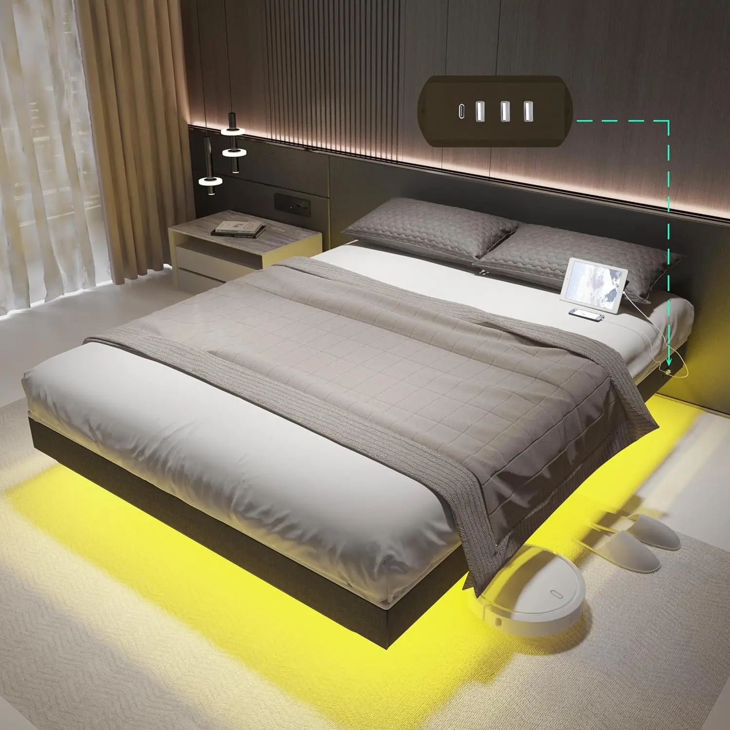 

Floating Bed Frame Queen Size with Charging Station & LED Lights, Modern Upholstered Metal Platform Queen Bed, Customized