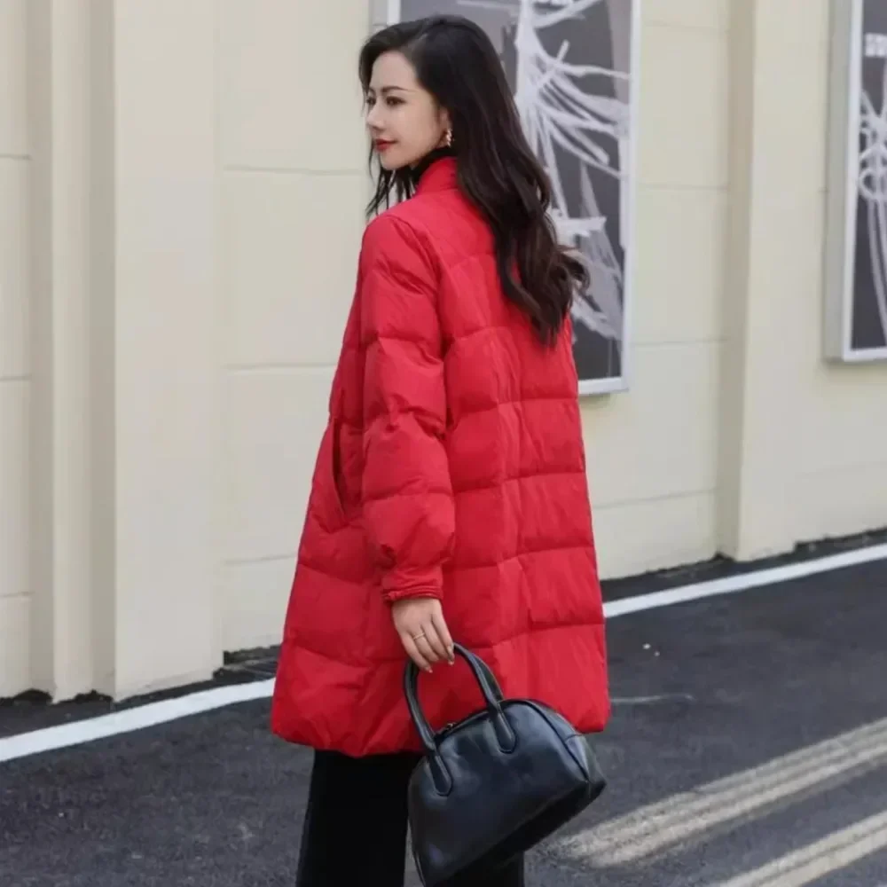 Leichter 90 % weißer Entendaunenmantel für Damen, 2025, neuer Herbst, lässig, V-Ausschnitt, warme Pufferjacke, Hemd, Frühlingsmode, Daunenjacke