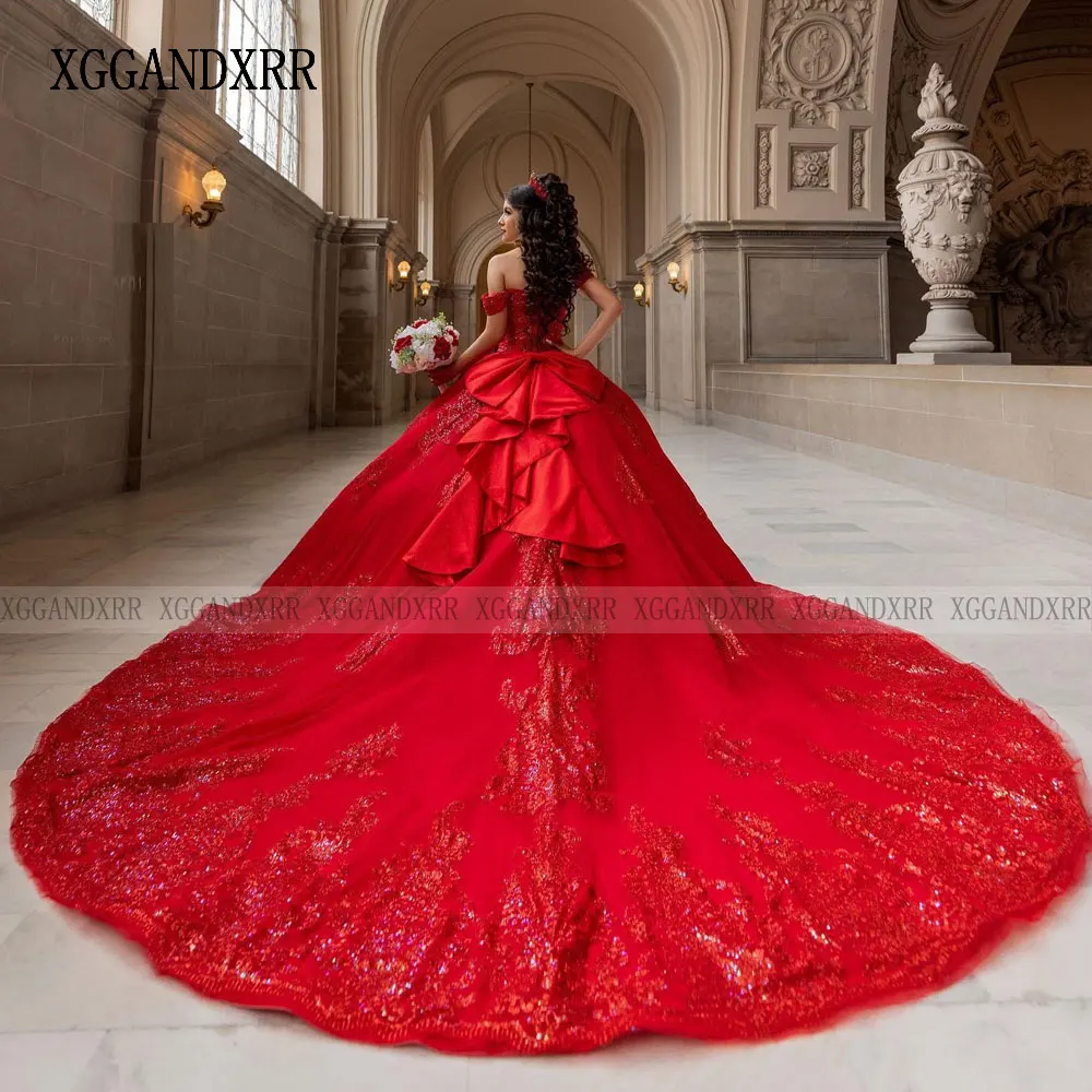 Vestido De quinceañera De tren largo De princesa roja, vestido De baile con hombros descubiertos, corsé, desfile, dulce 15, fiesta, Años XV, 2024