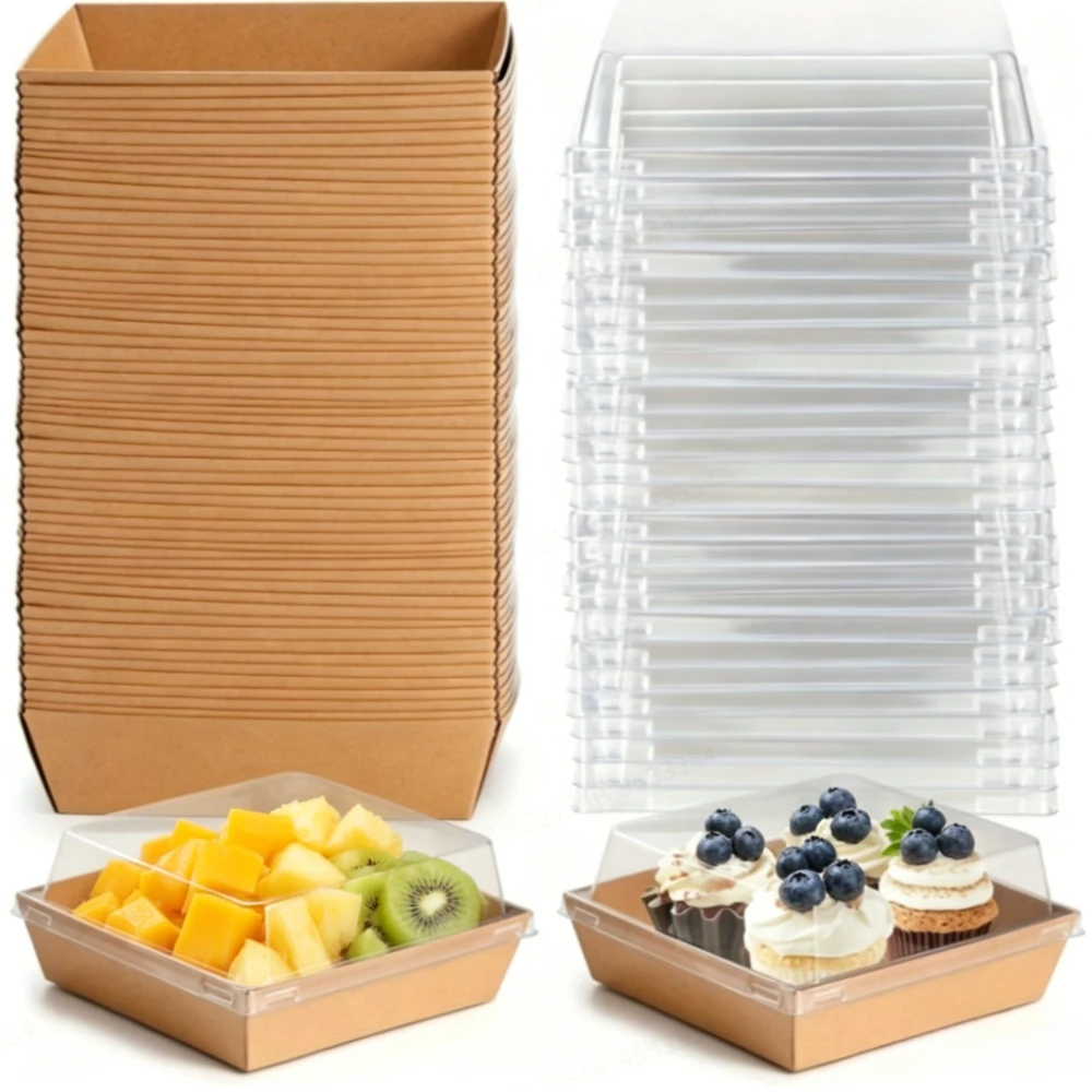 50 Pack Brown Kraft Paper Charcuterie Boxes with Clear Lids, Square To Go Cake Slice Containers and Small Bakery Boxes f