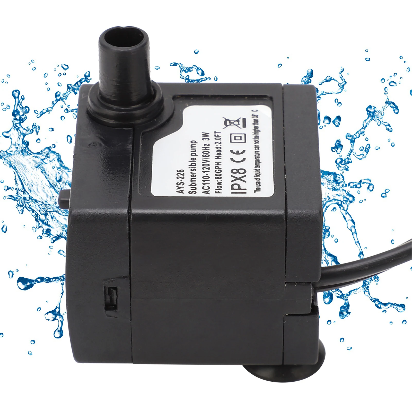 300 L/H Submersible Pump Mini Submersible Pump 3W, 80 GPM Silent Design Includes 3.3 ft Hose US AC 110-120V