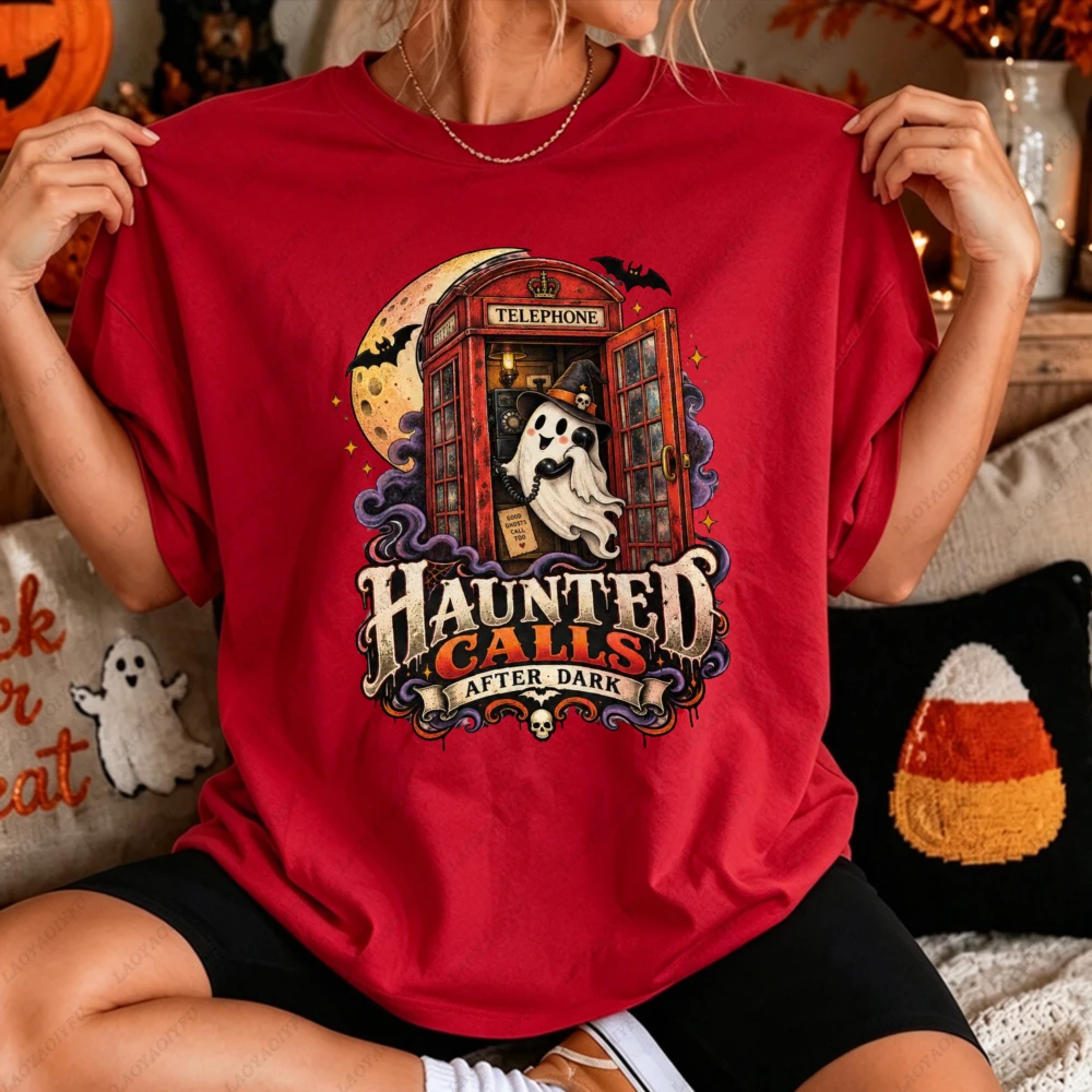Haunted Calls After Dark Phone Booth Ghost Graphic Women Casual Short Sleeve T-Shirt Cute Funny Halloween Retro Spooky Top