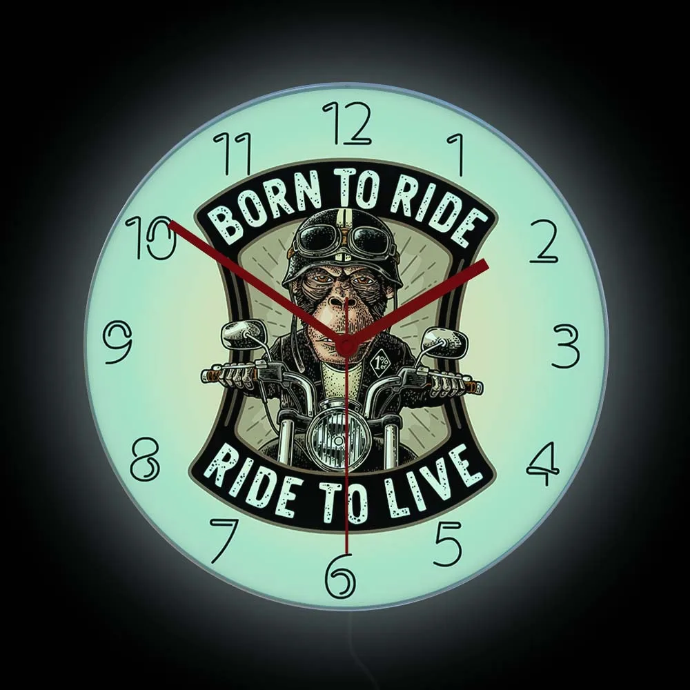 Born To Ride Monkey Riding Motorcycle Luminous Wall Clock Garage LED Neon Sign Monkey Biker Color Changing Glow In Dark Clock