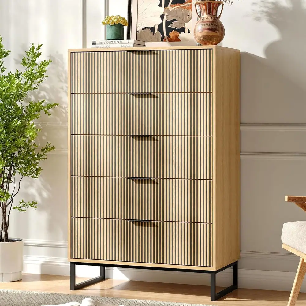 Natural Oak Tall Chest with Metal Handles for Bedroom, Living Room, and Hallway Storage