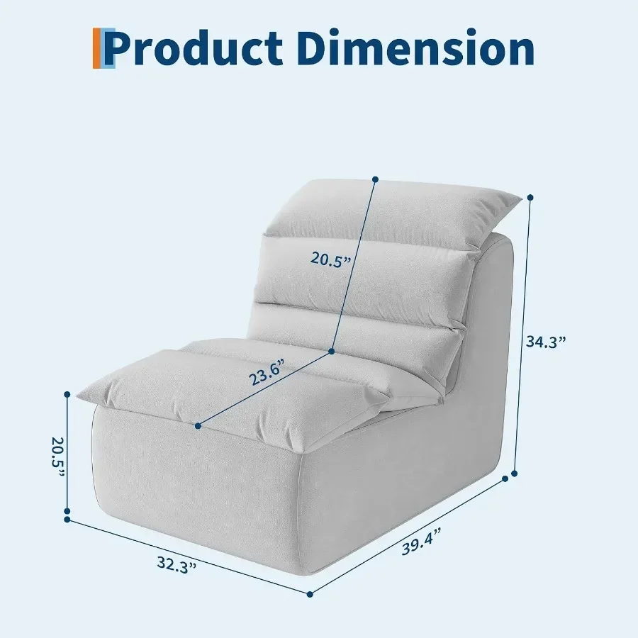 Bean Bag Chair for living room use, grey high-density foam filling, soft fabric cover, ergonomic support and comfort