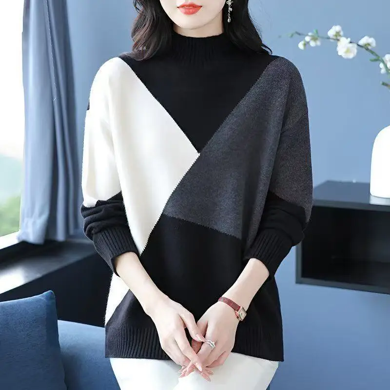 

Patchwork Color Pulls Woman Clothing Spring Autumn Loose Turtleneck Winter Sweater Tops Female Warm Knitwear Woolen Blouse