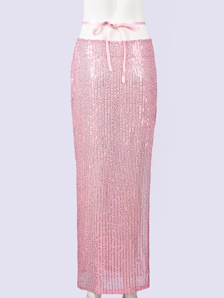 Fashion Solid Beach Sequin Women's Casual Lace Up Low Waist Slit Maxi Skirt Summer 2026 New Beachwear Spice Girl Bikini Cover Up