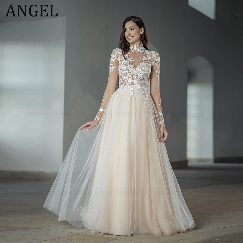 

ANGEL Elegant Light Champagne Wedding Dress A-Line High Neck Long Sleeves Custom Made Applique Bridal Gown Vestido De Novia