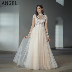 ANGEL Elegant Light Champagne Wedding Dress A-Line Customized High Neck Long Sleeves Applique Bridal Gown Vestido De Novia