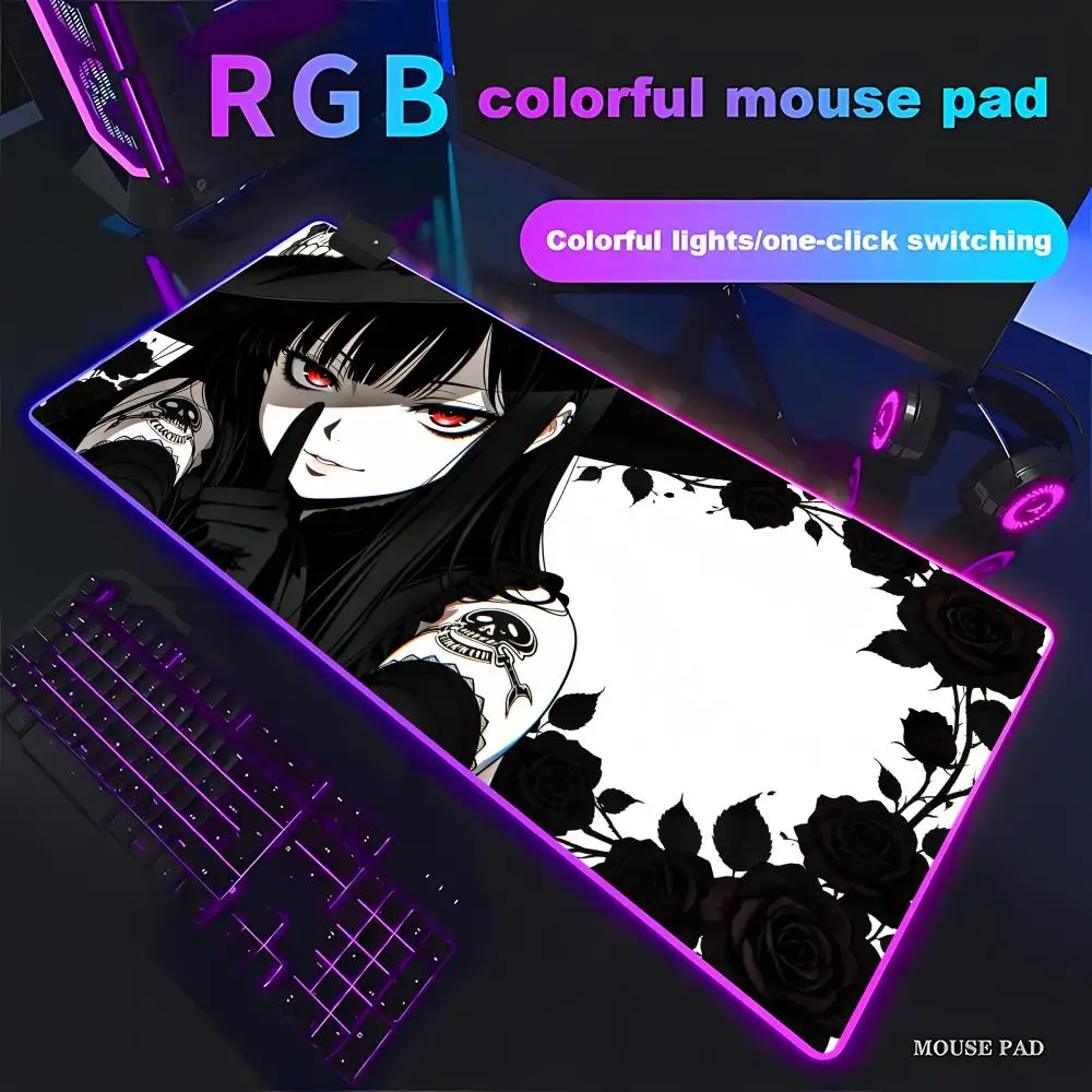 HYBXAXC Gothic Black Rose Witch Anime Mouse Pad Large Dark Aesthetic Desk Mat for Gamers RGB Gaming Pad HD Gamer Large LED Light