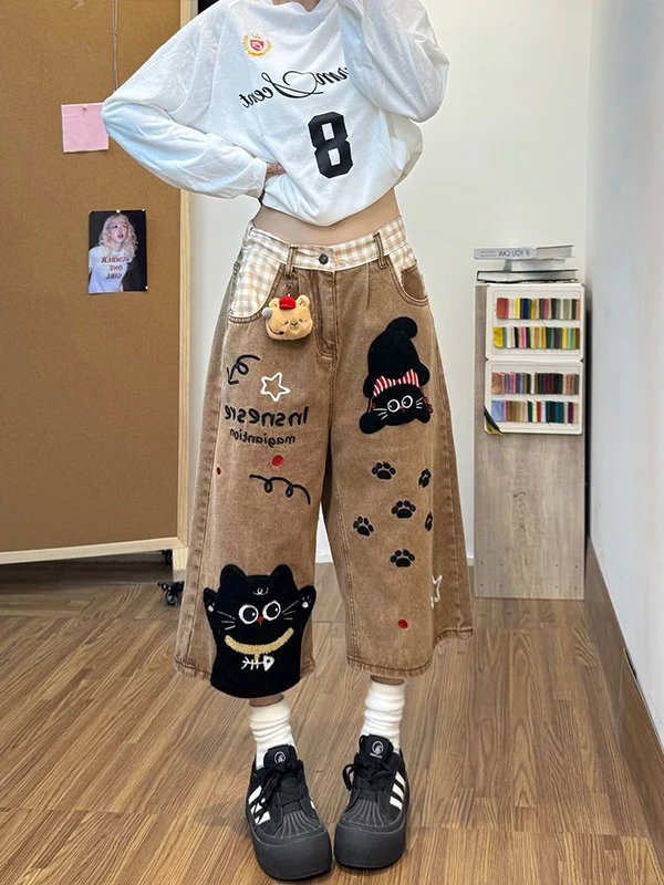 Towels Embroidered  Denim Jeans Women's Loose Wide Leg Shorts Casual High Waist Cotton Blend Summer New Style Fashionable