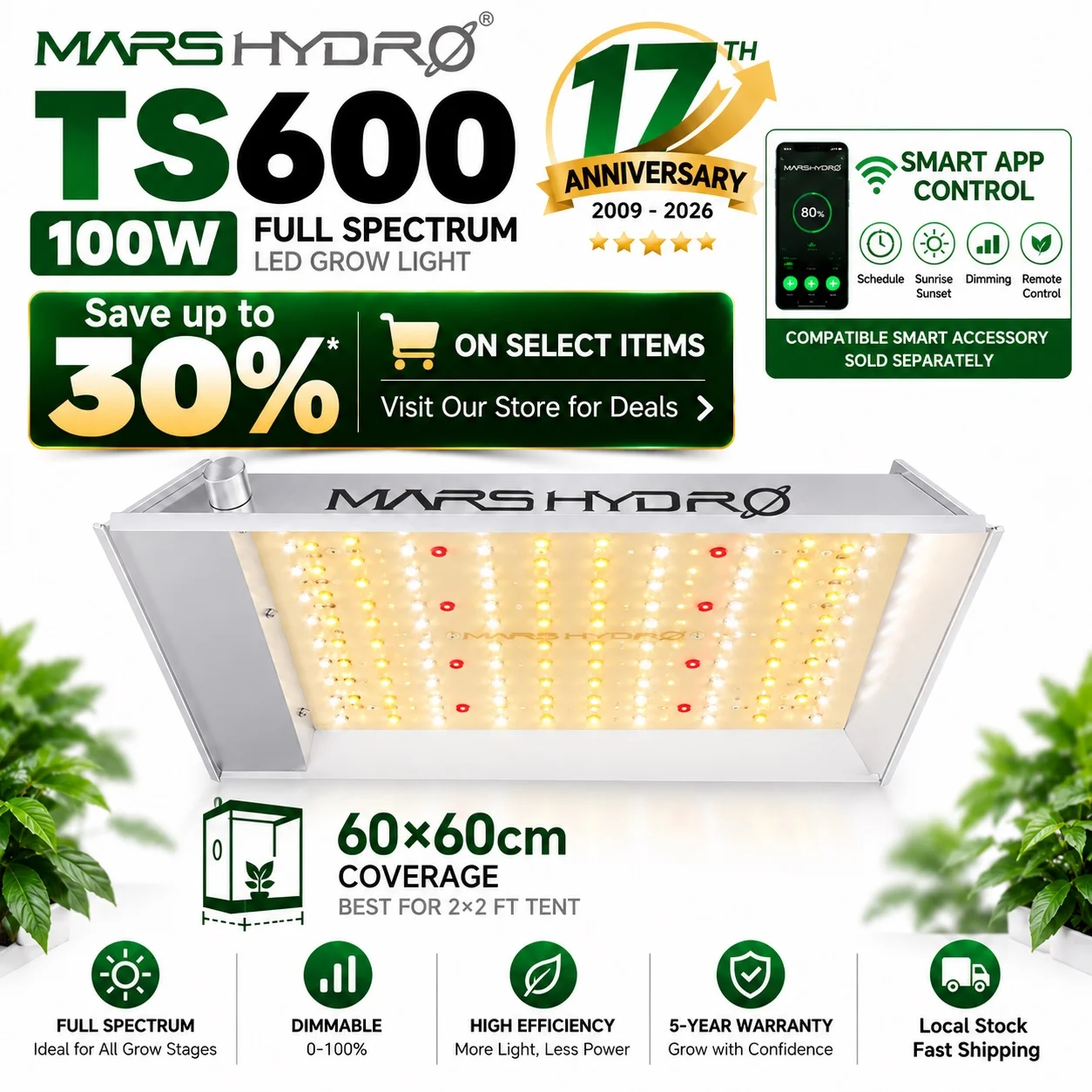 Mars Hydro TS 600 100W LED Grow Light BridgeLux, 2x2ft per Tenda da Coltivazione, Piante da Interno, Dimmerabile, 0dB Silenzioso, Supera i Falsi 3000W