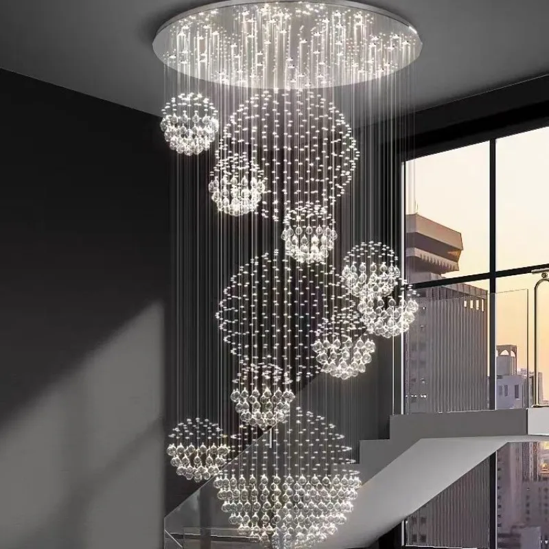 Cross-border duplex building crystal chandelier villa crystal lamp hotel lobby living room hollow loft staircase long chandelier