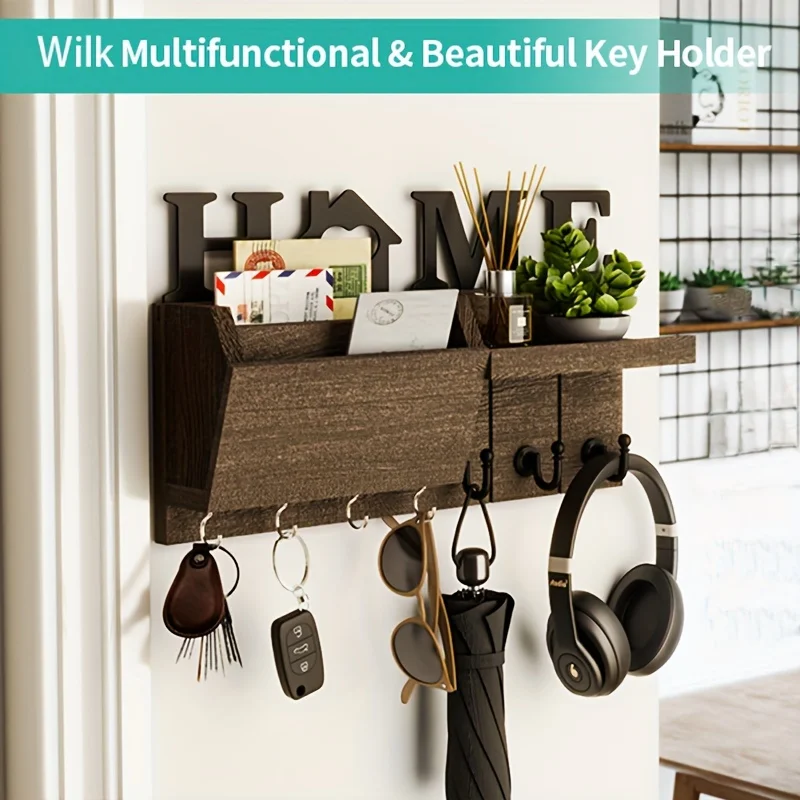 Country Style Wooden Key and Letter Storage Rack，Belt7Hook - Household Office Decorations Easy Installation Wall-Mounted