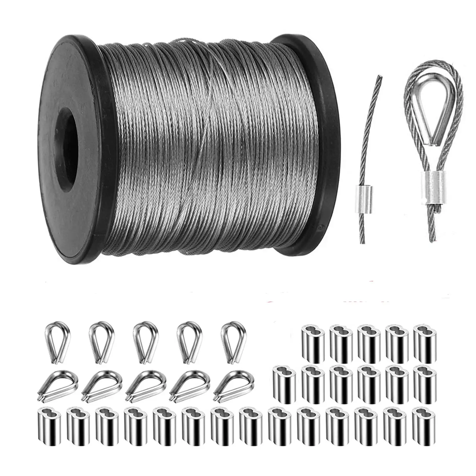 164FT 1/16 Inch 304 Stainless Steel Wire Rope Kit 25Pcs Sleeves 10Pcs Heart Rings for Hanging Decor Clothes Line Lighting