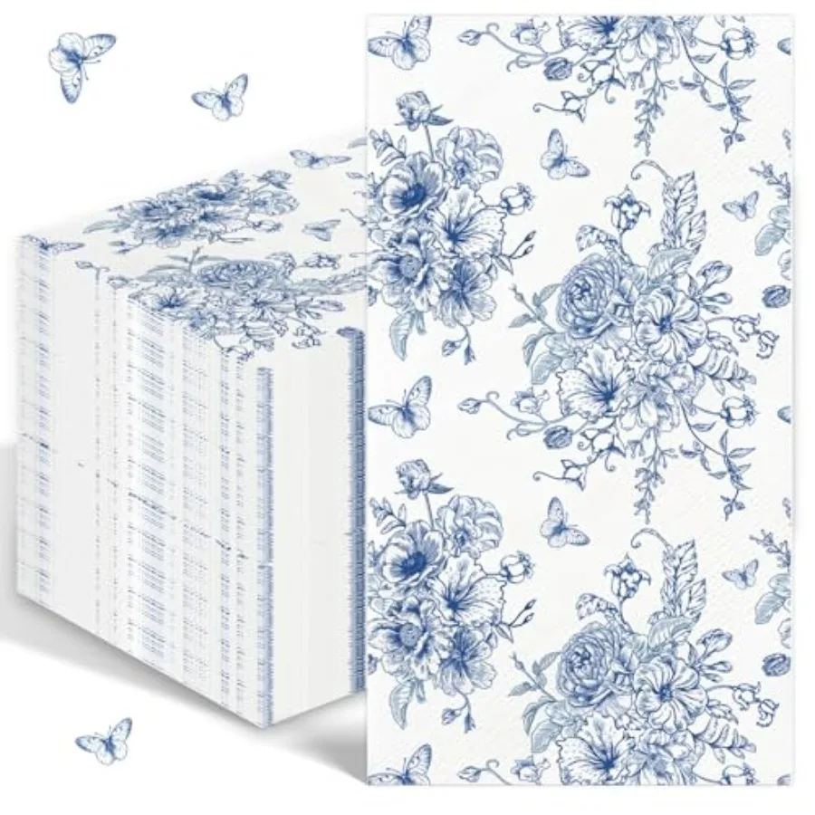 

100PCS Blue Floral Napkins Disposable Hand Towels for Bathroom 3 Ply Blue and White Paper Napkins Decorative Flower Guest Napki