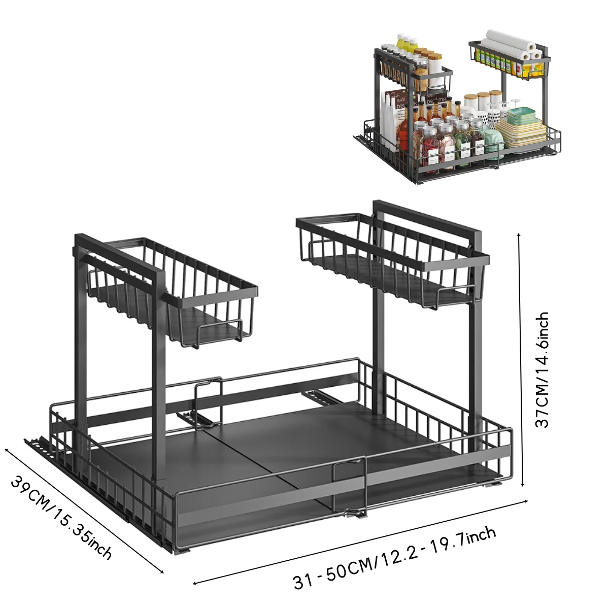 2-Tier Expandable Under Sink Organizer, Sturdy Metal Frame Adjustable Storage Rack for Kitchen Bathroom Cabinet, Multi-Purpose