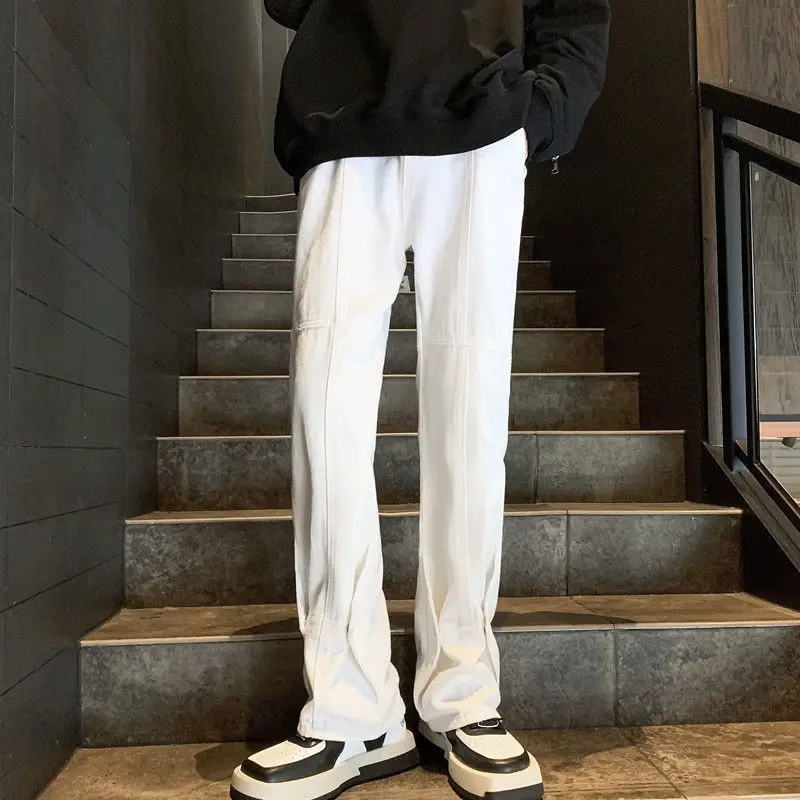 White cargo jeans women men's handsome high street American style autumn straight leg wide leg slightly flared pants