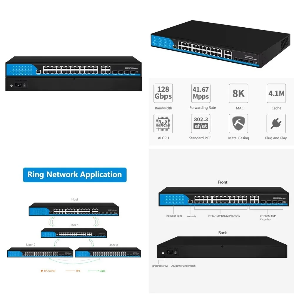 24-Port Gigabit Managed PoE+ Switch, 4 Combo SFP Slots, L2+ Network Switch with