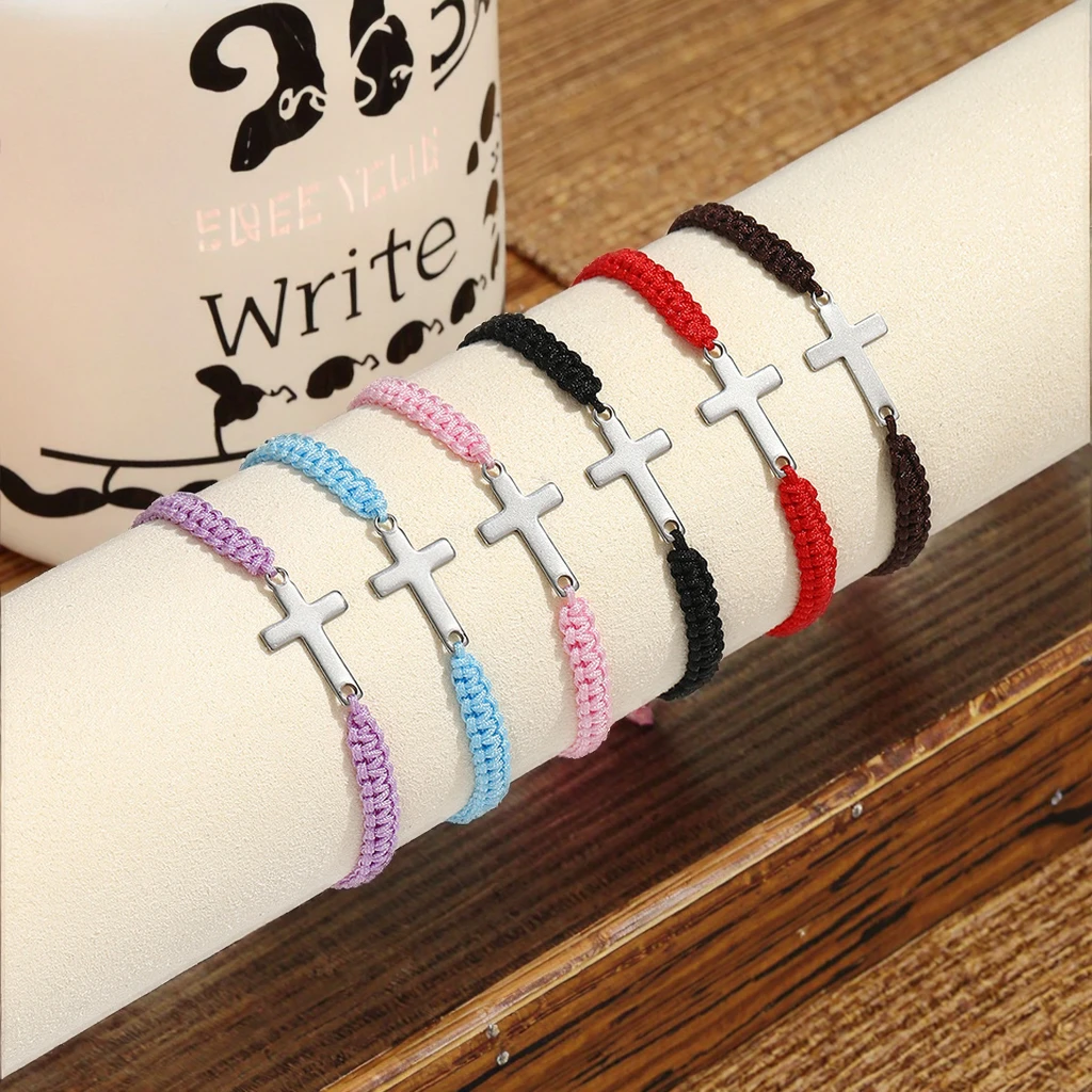 

Adjustable Bohemian Style Stainless Steel Cross Hand-Woven Wrap Bracelet Pearl Religious Religious Adjustable Braided Rope