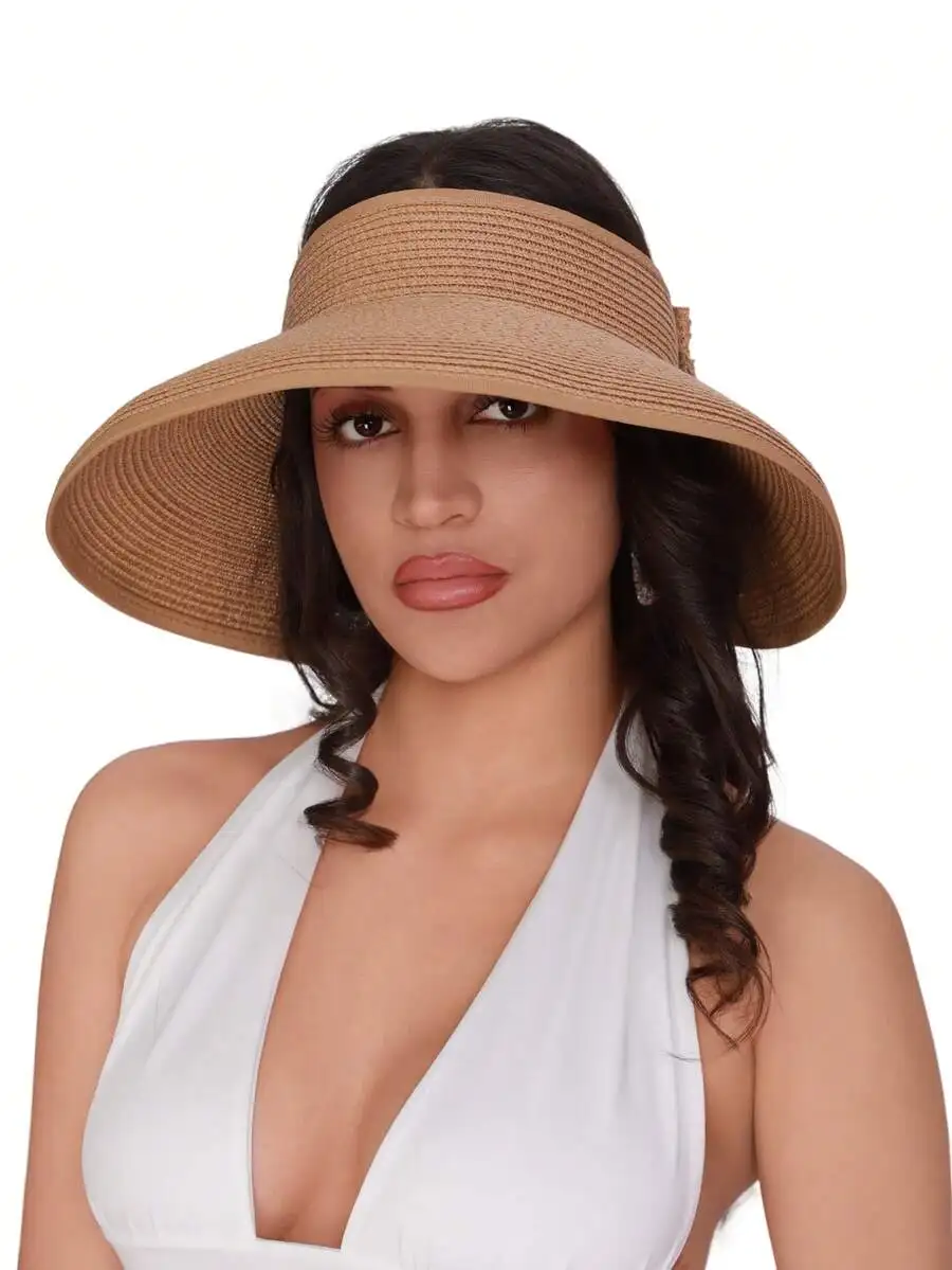 2pcs/Set Women's Khaki Wavy Straw Sun Hat And Crossbody Straw Handbag, Suitable For Daily, Beach, Travel, Wide Brim Straw Sun