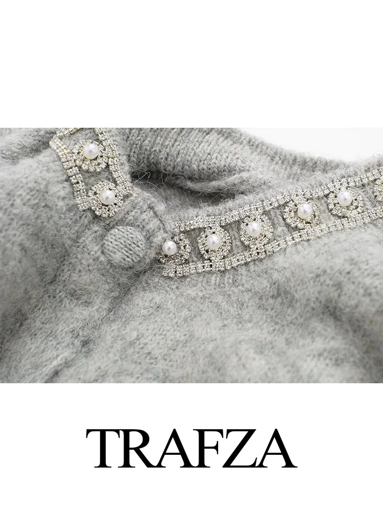 TRAFZA-كارديجان نسائي بأزرار وأكمام طويلة ، سترات محبوكة ، سترات قصيرة ، لؤلؤ أنيق ، ملابس تريكو جديدة