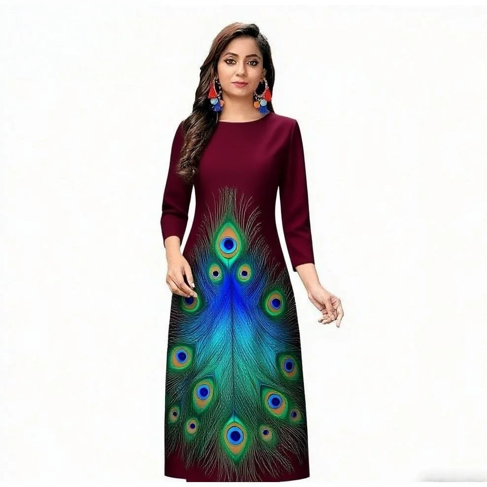 

Национальный стиль Kurtta, женская мода, удобное прямое повседневное платье с разрезом по подолу в этническом стиле с павлином, новое платье, женская Абая, мусульманское